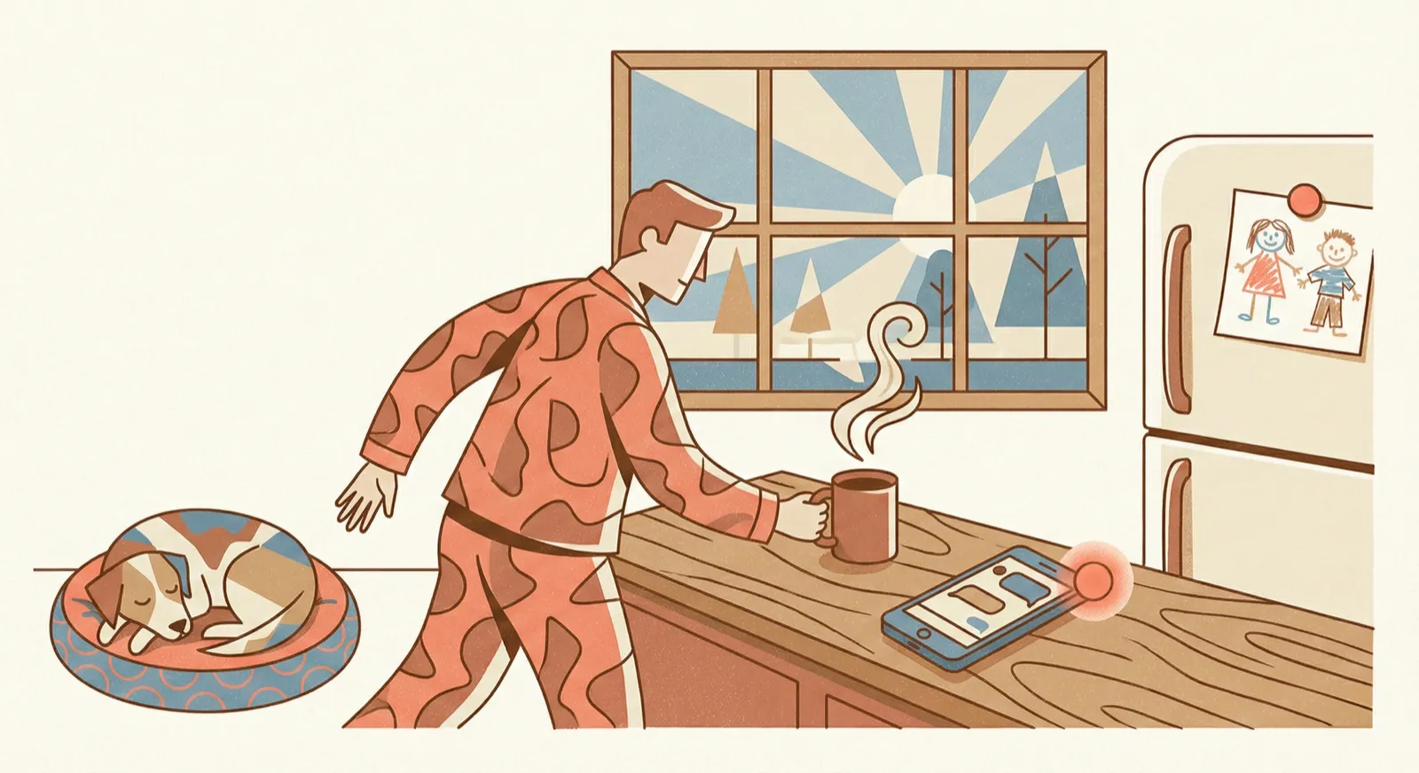 A kitchen counter at dawn — a phone shows Doris's morning briefing next to a cup of coffee, with warm light filtering through the window