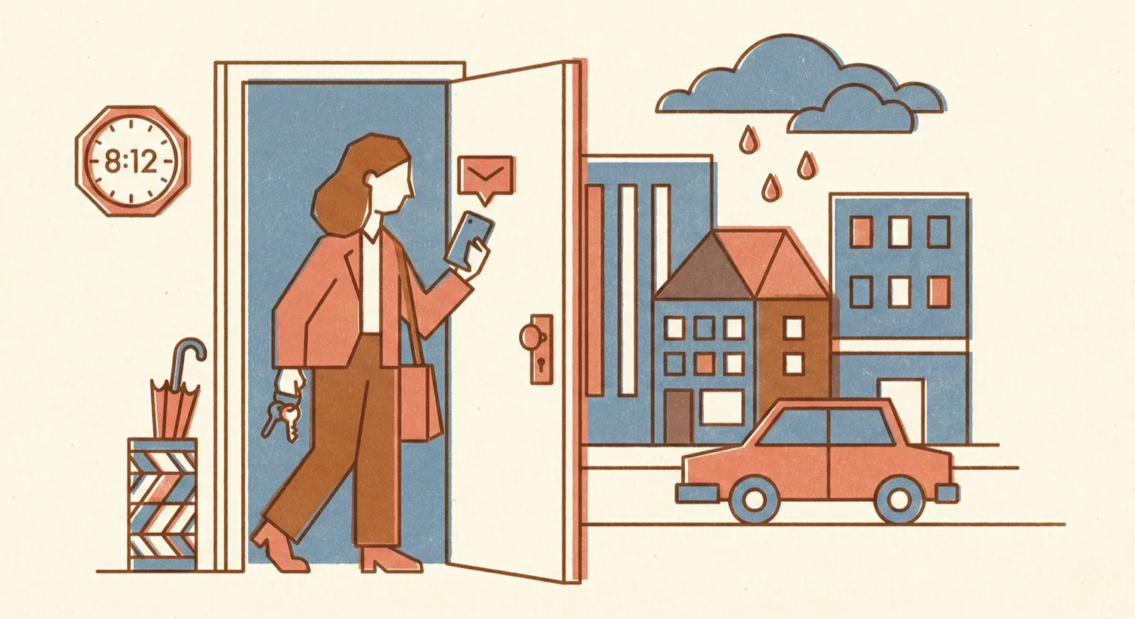 A commuter checking their phone on a busy sidewalk — Doris sends a nudge about leaving early for a meeting across town