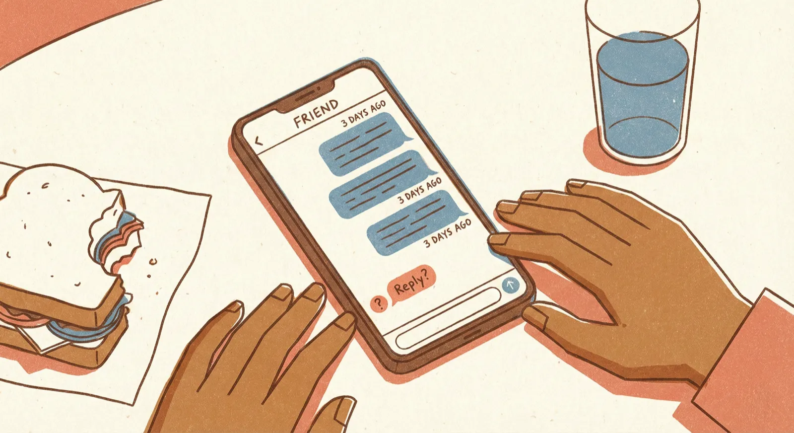 A casual lunch scene — someone checking a text message, Doris offering to add a friend's birthday dinner to the calendar