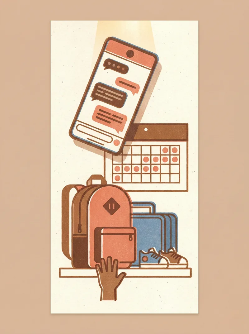 A kitchen table with a phone showing a school email, backpack and lunchbox below, calendar with new coral dots on the wall