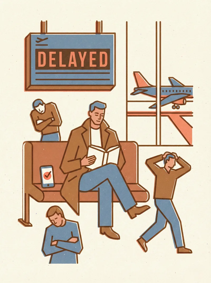 An airport terminal with a calm person reading while others stress around a delayed departure board