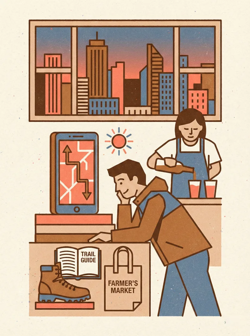 A kitchen at dusk — phone showing a map route, hiking boot and trail guide on the counter, partner pouring wine in background