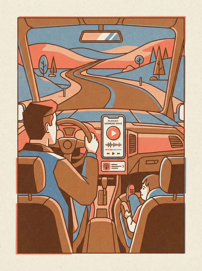 A car interior from behind — driver with hands on wheel, phone showing music player, open road through windshield, kid in back seat